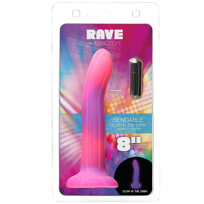 BMS 89616 Rave by Addiction 8 Inch Glow In The Dark Dildo - Pink Purple Package Front